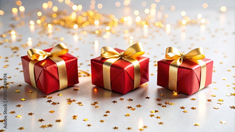 Three red gift boxes with gold ribbons and scattered gold stars against a bokeh background Three red gift boxes with gold ribbons and scattered gold stars against a bokeh background
