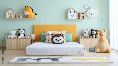 Cozy and inviting children s bedroom featuring pastel colored walls a soft area rug and an arrangement of plush stuffed animals on the bed photo