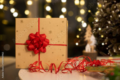 New Year's wrapped gift with red ribbon, Christmas tree branch and garland lights on background. Merry Christmas and winter holidays