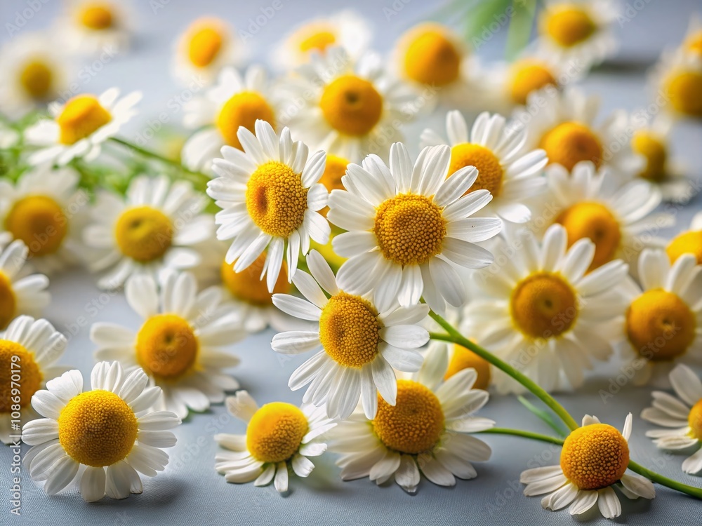 Obraz premium Collection of Isolated Chamomile Flowers on Light Gray Background - Beautiful Summer Blooms for Floral Designs and Medicinal Plant Illustrations