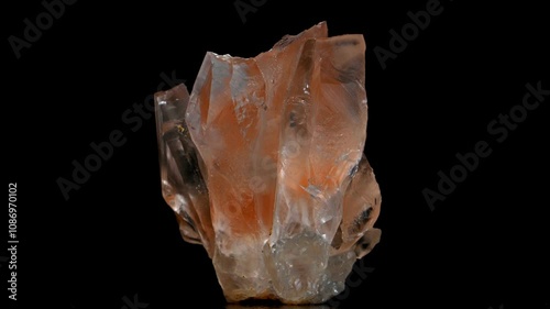 Orange Calcite crystal sample rotating slowly against a black background	 photo