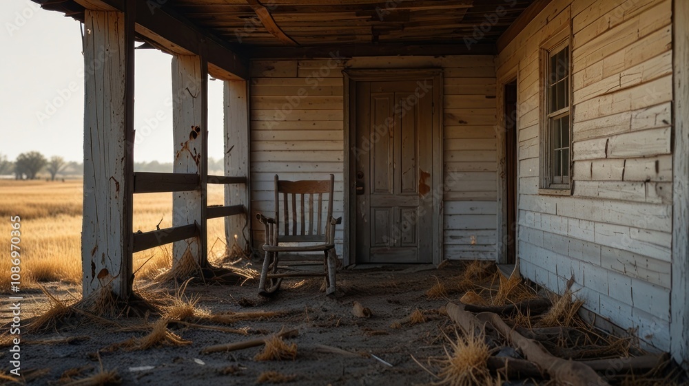 Fototapeta premium Lonely Rocking Chair on a Decaying Porch