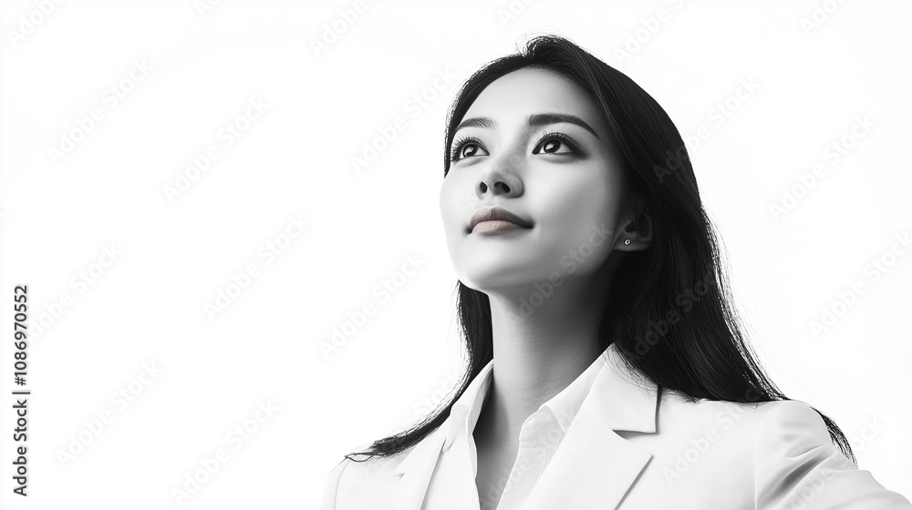 Young Professional Woman Looking Upward in Monochrome Setting with Inspirational Expression and Poised Appearance, Ideal for Motivational Themes or Corporate Use Young Professional Woman Looking Upward in Monochrome Setting with Inspirational Expression and Poised Appearance, Ideal for Motivational Themes or Corporate Use