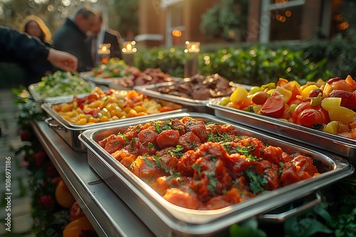 A delicious buffet spread with a variety of dishes, including savory meats and colorful vegetables. The warm lighting and outdoor setting create a welcoming atmosphere.