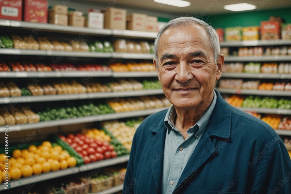Close portrait of a smiling senior Uzbek male grocer standing and looking at the camera, Uzbek grocery store blurred background Close portrait of a smiling senior Uzbek male grocer standing and looking at the camera, Uzbek grocery store blurred background