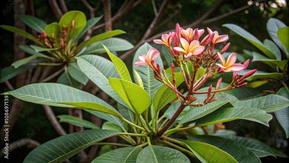 Close-Up of a Flowering Plant in Low Light, Capturing Budding Flowers and Lush Green Leaves, Nature's Beauty in Soft Shadows Close-Up of a Flowering Plant in Low Light, Capturing Budding Flowers and Lush Green Leaves, Nature's Beauty in Soft Shadows