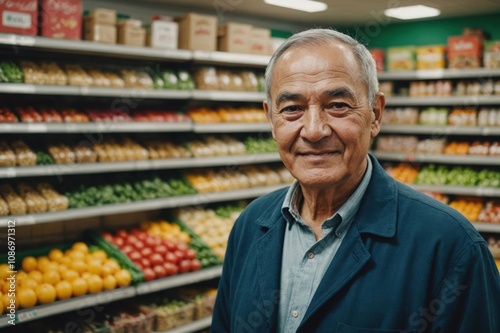 Close portrait of a smiling senior Uzbek male grocer standing and looking at the camera, Uzbek grocery store blurred background