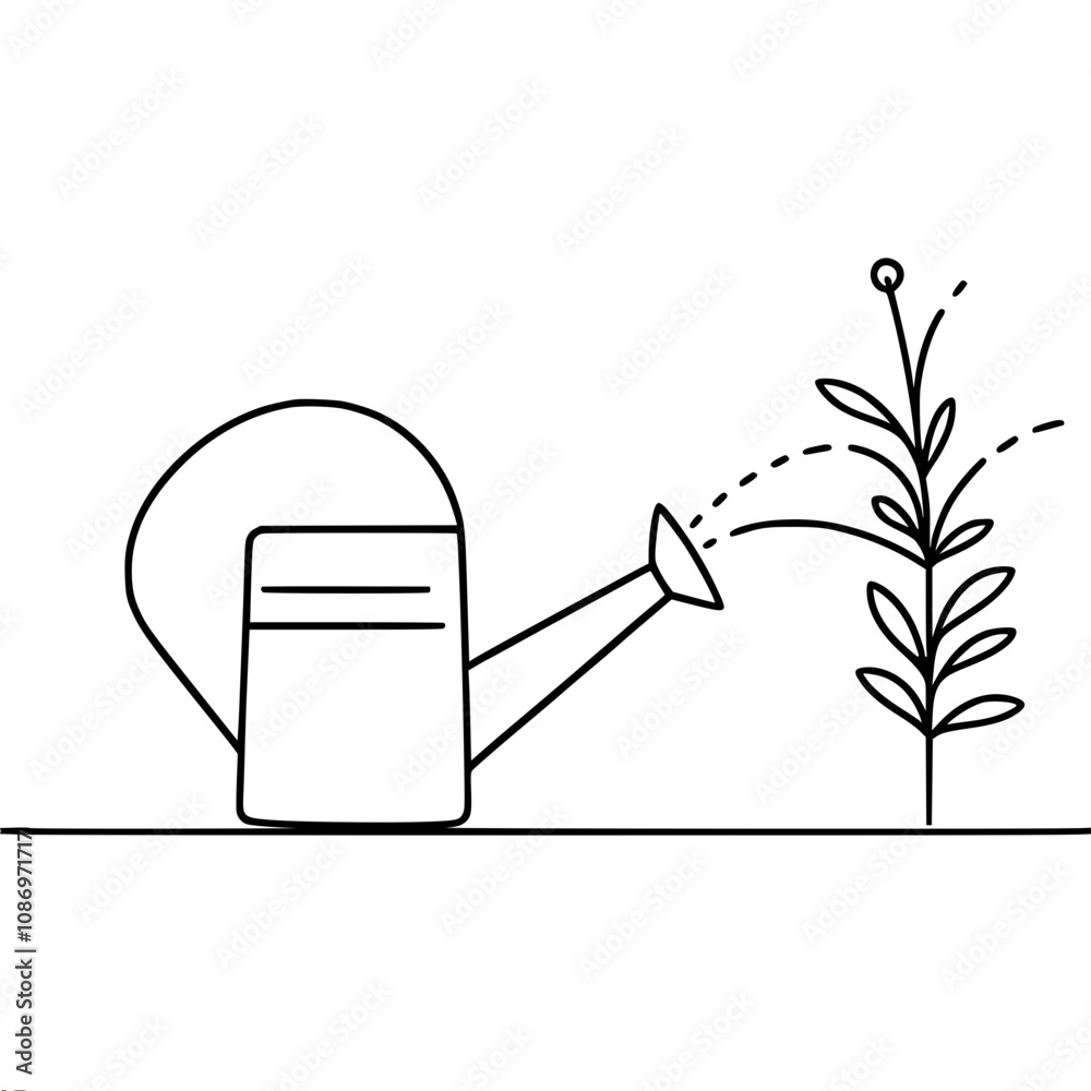 Obraz premium Minimalist line art of watering can nurturing a growing plant