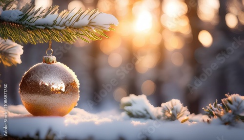 christmas ball on brunch of pine in fairy winter forest; the beauty and gift concept for holiday, party, xmas, decoration ,ecoration with bokeh lights at sunset photo