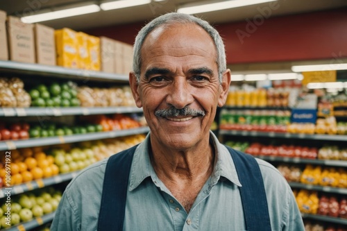 Close portrait of a smiling senior Venezuelan male grocer standing and looking at the camera, Venezuelan grocery store blurred background