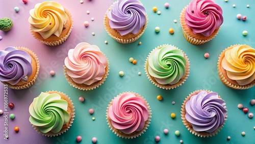 Pastel Swirl Cupcakes with Colorful Sprinkles A Delightful Top View