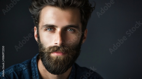 Portrait of a handsome man with a full beard and blue eyes looking at the camera.