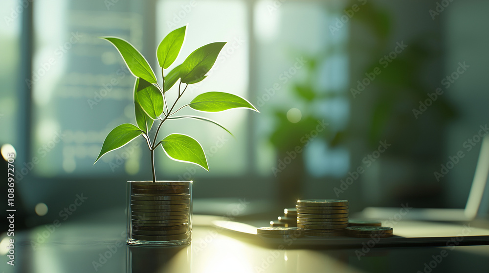 Plant growing in glass of coins symbolizing financial growth Plant growing in glass of coins symbolizing financial growth