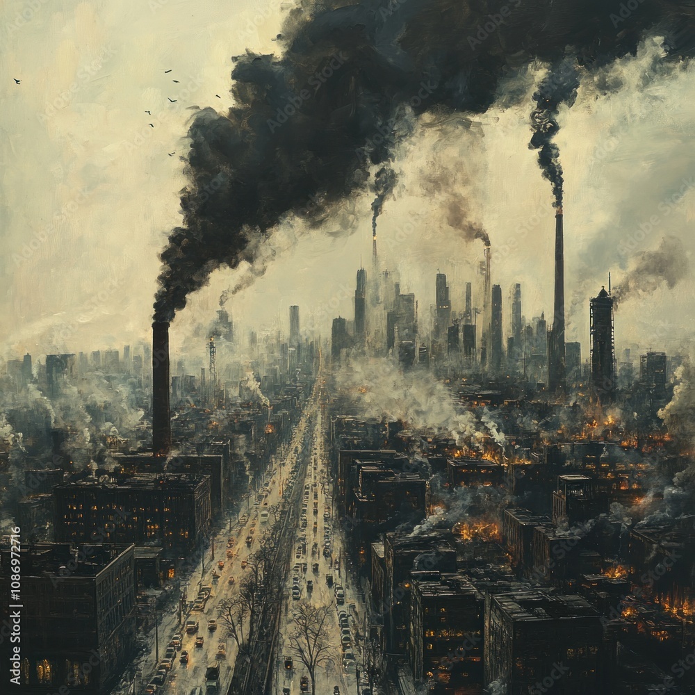 Obraz premium A Smog-Filled Cityscape with Smoke Plumes from Tall Chimneys