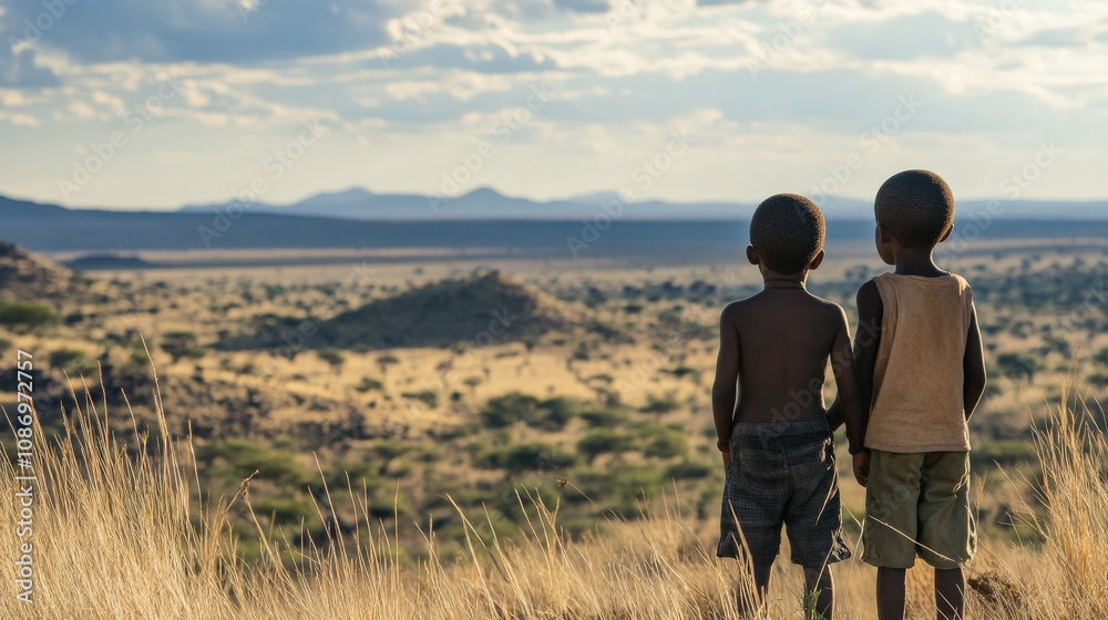 Children in African Landscape with Rolling Hills