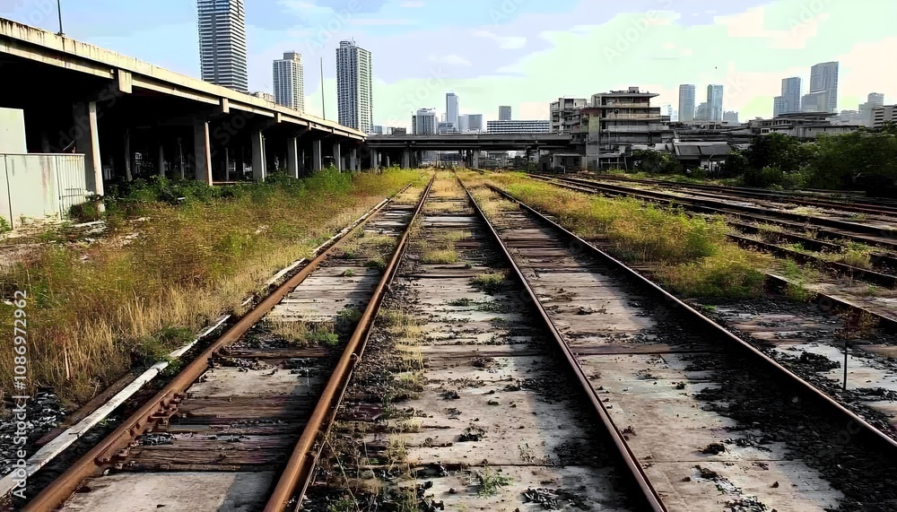 Abandoned Railway Tracks Surrounded by Urban Landscape in Bangkok, Showcasing a Contrast Between Nature and City Development Abandoned Railway Tracks Surrounded by Urban Landscape in Bangkok, Showcasing a Contrast Between Nature and City Development