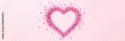 Heart shape vector pink confetti splash with white heart hole on a light pink background, vector
