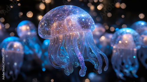 Colorful glowing jellyfish illuminated in a dark underwater setting, showcasing their ethereal beauty and delicate movements. Generative AI