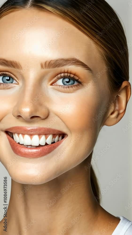 A close-up shot of a woman's face, highlighting her bright smile, clear complexion, and light-colored eyes A close-up shot of a woman's face, highlighting her bright smile, clear complexion, and light-colored eyes