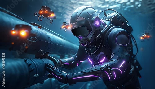 Futuristic underwater exploration with diver in high-tech suit, glowing lights, robotic submersibles, and submerged structure in dark ocean
