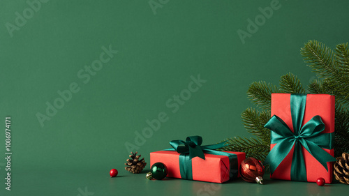 Red Christmas presents with green bows are arranged with pine cones and baubles on a festive green background, evoking a holiday spirit photo