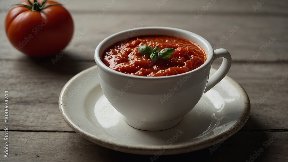Tomato sauce served in a small white cup Tomato sauce served in a small white cup