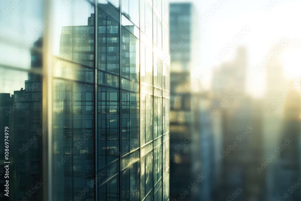 Urban Architecture Reflection on Glass Facade in Soft Morning Light with Blurred City Background Creating a Serene Ambiance of Contemporary Urban Living Urban Architecture Reflection on Glass Facade in Soft Morning Light with Blurred City Background Creating a Serene Ambiance of Contemporary Urban Living