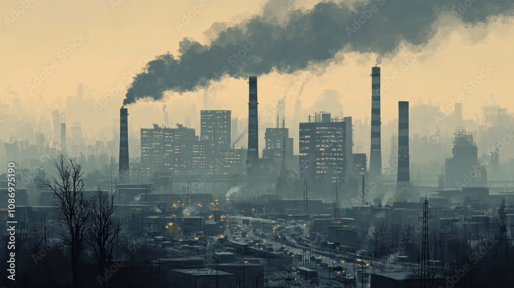 Industrial Cityscape with Smoke and Fog Industrial Cityscape with Smoke and Fog