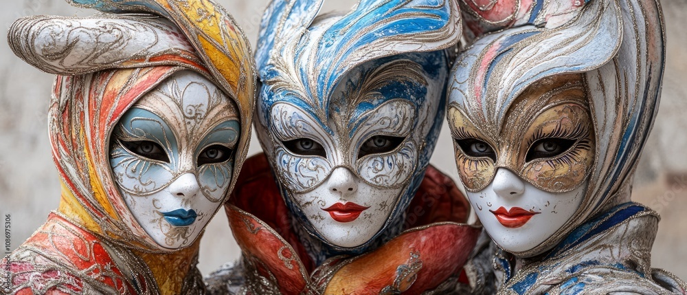 Three individuals wear elaborately designed masks, adorned with vibrant colors and detailed patterns, as they participate in the renowned Carnival of Venice Three individuals wear elaborately designed masks, adorned with vibrant colors and detailed patterns, as they participate in the renowned Carnival of Venice