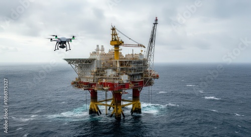 Obraz na płótnie Offshore oil rig inspection using drone technology for efficient maintenance w salonie