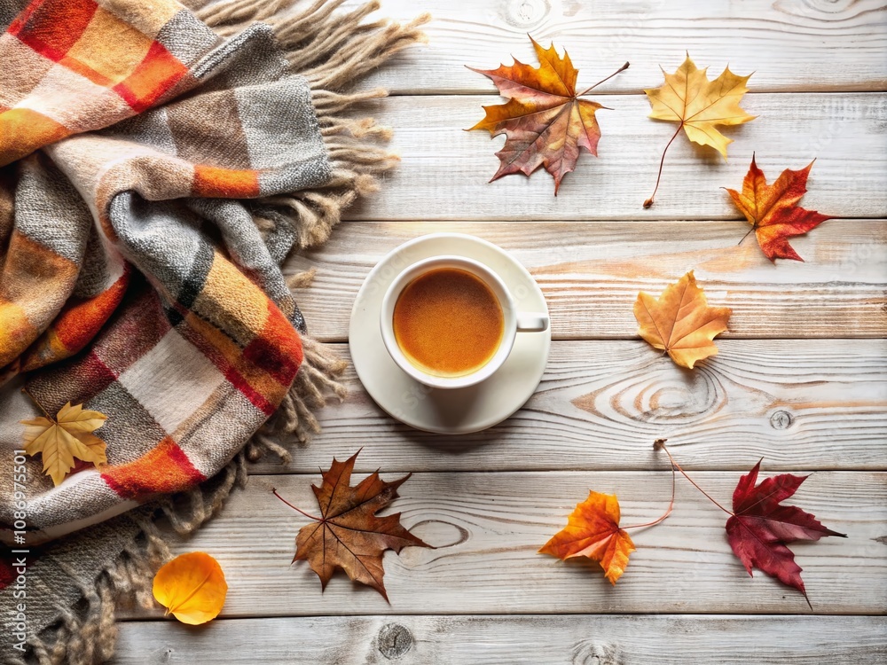 Cozy Autumn Desk Scene with Knitted Plaid, Tea Cup, and Fall Leaves on White Wooden Background - Embracing Nordic Hygge Style in a Warm Home Office Setup Cozy Autumn Desk Scene with Knitted Plaid, Tea Cup, and Fall Leaves on White Wooden Background - Embracing Nordic Hygge Style in a Warm Home Office Setup