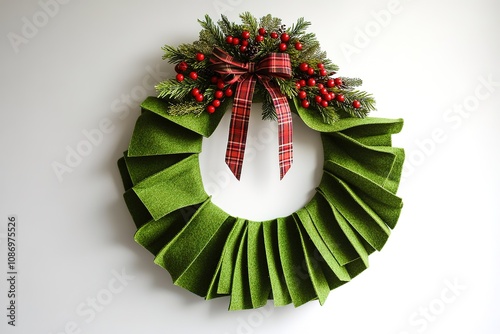 A green wreath made of felt strips is hanging on a white wall, with a plaid ribbon and red berries at the top.