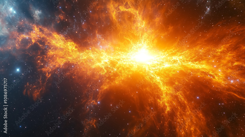 Obraz premium A dazzling explosion of bright orange gas and flames in the cosmos, showcasing the beauty of a distant star formation in deep space. Generative AI