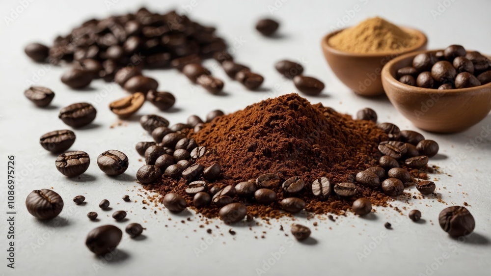 Varieties of coffee and ingredients on white background