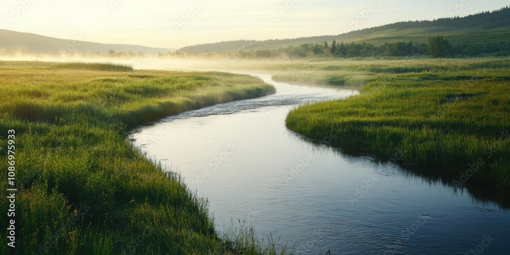 Tranquil Sunrise over River and Fields Tranquil Sunrise over River and Fields