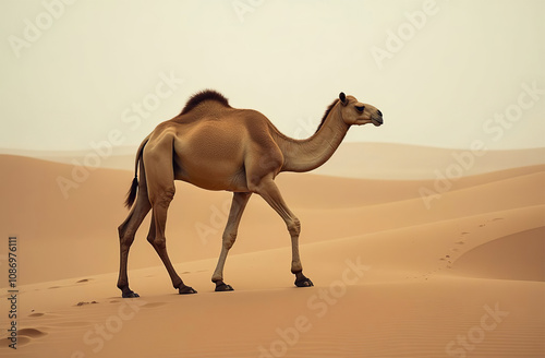 One-humped camel stands on desert sand. Arid Terrain. AI Generative