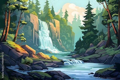 Illustration of a serene forest pathway flanked by tall trees with sunlight filtering through the leaves, casting long shadows on the ground, in a warm autumn setting. river, view, cloud - sky,