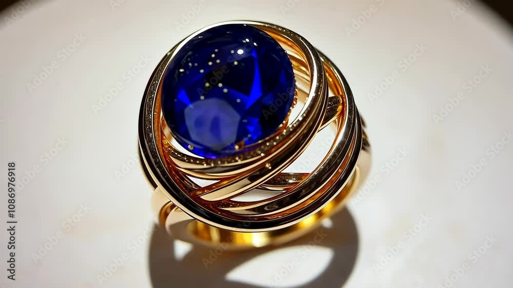 A close-up view of a gold ring with a round, deep blue cabochon gemstone A close-up view of a gold ring with a round, deep blue cabochon gemstone