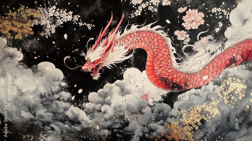 Mystic Celestial Dragon Ascends Amidst Cherry Blossom Clouds Mystic Celestial Dragon Ascends Amidst Cherry Blossom Clouds