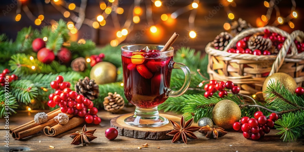 Cozy Mulled Wine with Berries Surrounded by Festive Holiday Decorations in a Warm Atmosphere for Stock Photo Use Cozy Mulled Wine with Berries Surrounded by Festive Holiday Decorations in a Warm Atmosphere for Stock Photo Use