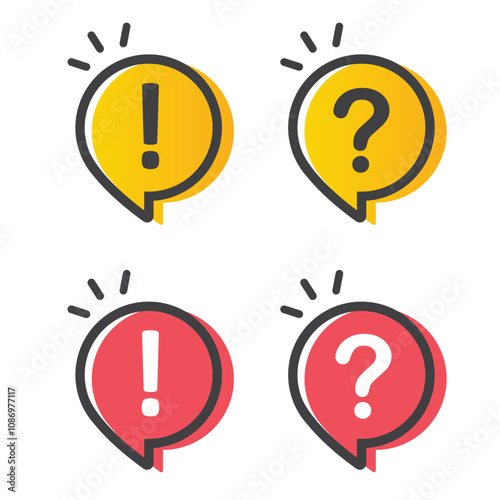 Illustration of exclamation and question mark in speech bubble, icon, sticker.