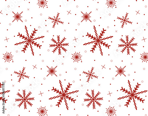 Seamless pattern of red snowflakes in various different shapes on white backgrround for Chistmas, New Year, posters, greeting cards, packaging, wrapping papers