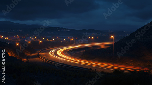 A nighttime landscape capturing a winding road illuminated by streetlights and vehicle headlights, creating a dynamic light trail effect for travel photography.