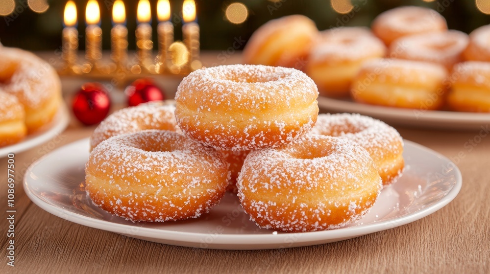 A plate of fresh, sugared donuts with a menorah and Christmas lights in the background. A plate of fresh, sugared donuts with a menorah and Christmas lights in the background.
