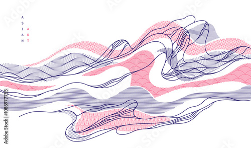 Oriental Japanese style vector abstract illustration, background in Asian traditional style, wavy shapes and mountains terrain, runny like sea lines.