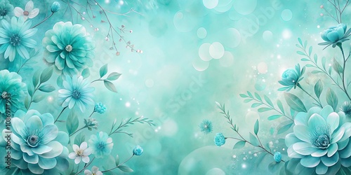 Aqua Floral Design Soft, Dreamy Blooms and Delicate Greenery on a Light Blue Background