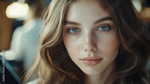 Portrait of a young woman with captivating blue eyes and soft, wavy hair, showcasing natural beauty and elegance in a serene indoor environment