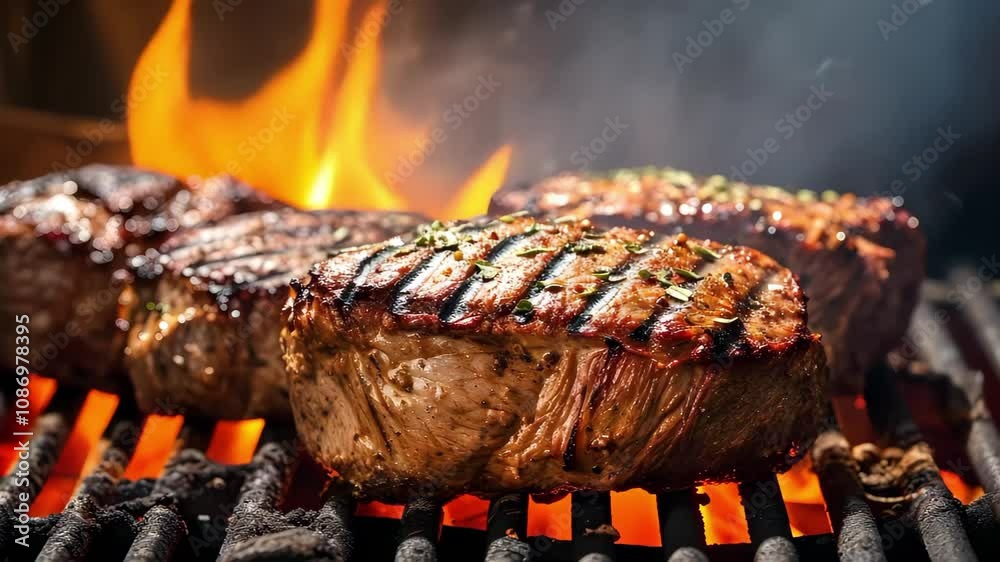 Grilled steaks cooking over an open flame, with grill marks and seasoning visible.