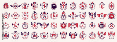 Classic style emblems big set, ancient heraldic symbols awards and labels collection, classical heraldry design elements, family or business emblems.