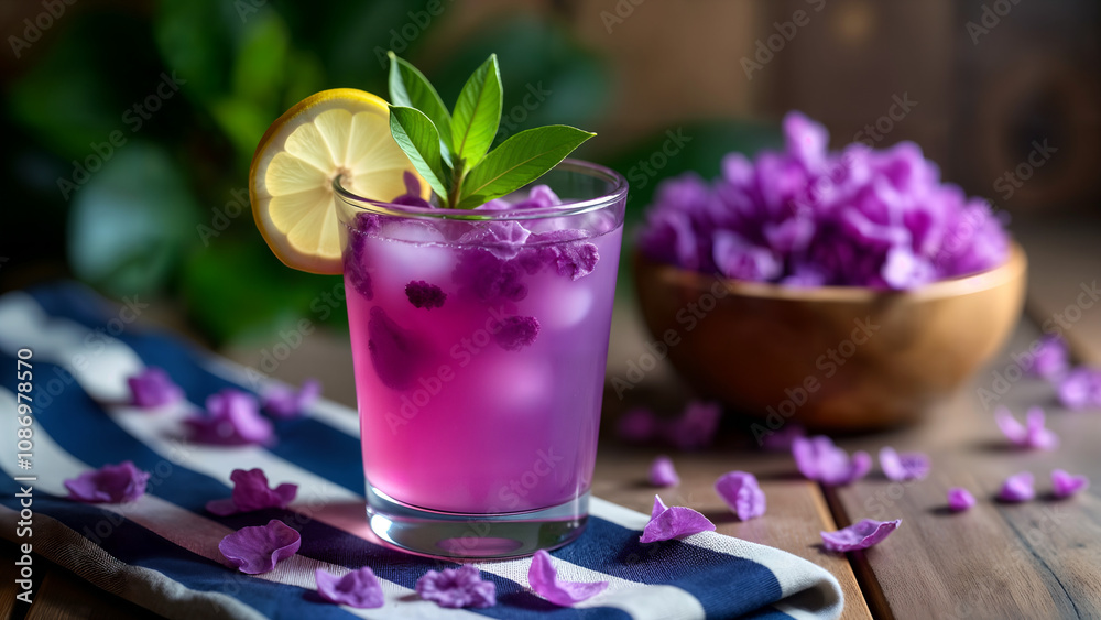 Aesthetic Appeal of Butterfly Pea Tea with Lemon Among Natural Surroundings on a Wooden Table Aesthetic Appeal of Butterfly Pea Tea with Lemon Among Natural Surroundings on a Wooden Table